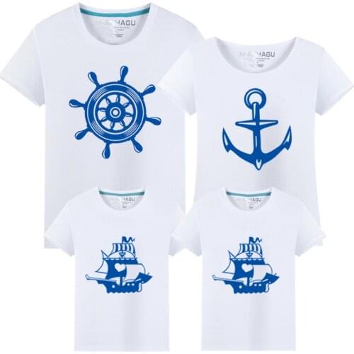 Summer Family Matching Clothes T-Shirt Print Anchor Short Sleeves Fashion Family Outfit Set Tees Tops Mother Daughter Dresses