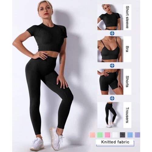 Summer Seamless Sport Suit Women Gym Workout Clothes Yoga Set Short Sleeve Crop Top Bra High Waist Leggings Fitness Sportswear