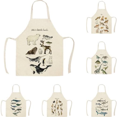 Linen Animal Seris Dinosaur Shark Rabbit Print Kitchen Aprons Unisex Dinner Cooking Bib Funny Pinafore Cleaning Apron WQF594