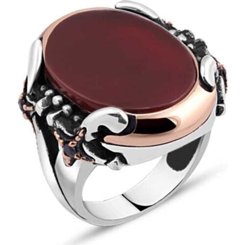 Flat Agate Stone Edges Swordsman Silver Men 'S Ring