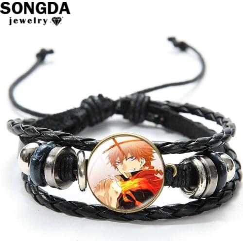 SONGDA Black Clover Cartoon Anime Men Women Leather Bracelet Transparent Glass Surface Adjustable Multi-Layer Braided Wristband