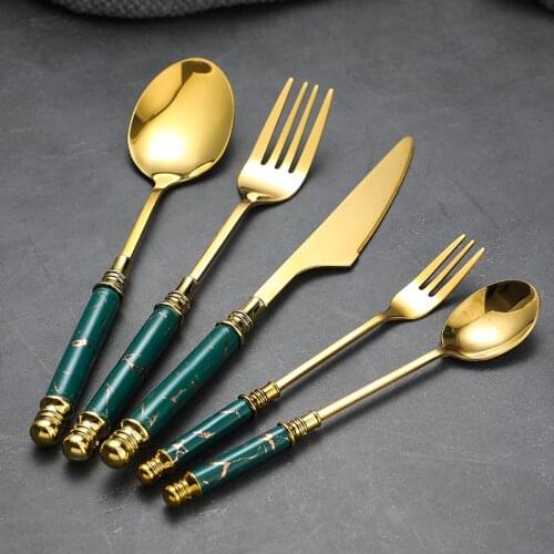 30pcs Stainless Steel Cutlery Ceramic Gold Dinnerware Set Home Fork Spoon Knife Dinner Set Green Gold flatware Kitchen Utensils