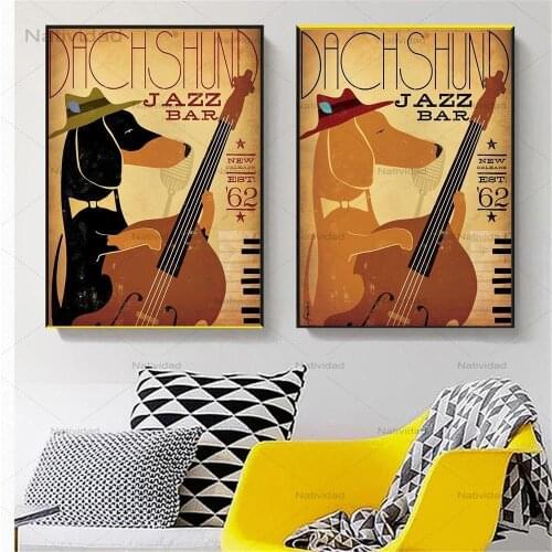 Wall Art Pictures Retro Music Dog Funny Animals Dachshund Jazz Bar Canvas Painting for Living Room Home Decoration No Frame