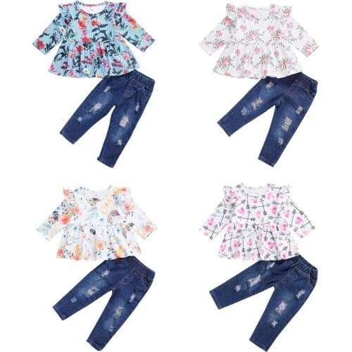 Newest 2Pcs Kids Suit Set, Floral Print Round Neck Long Sleeve Top and Ripped Jeans for Girls 1-5Y