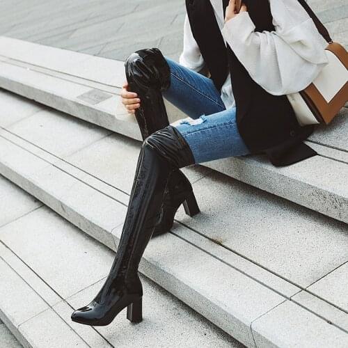 New dancing lacquer leather knee high boots womens candy bright mirror thick high heels in autumn and winter 2020