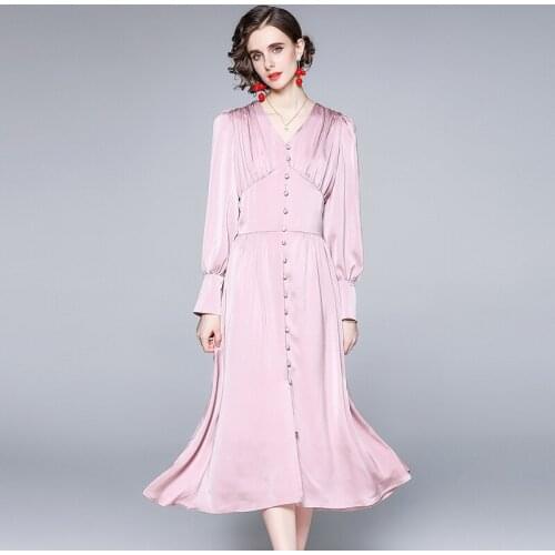 Menahem 2021 Autumn Ladies Silky Satin Long Lantern Sleeve Dress Women Elegant V Neck Buttons Solid Midi Evening Party Vestidos