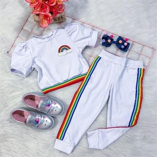 1-5Y Summer Fashion infant Baby Girls Clothes Sets Rainbow Print Short Sleeve T Shirts Tops+Long Pants 2Pcs