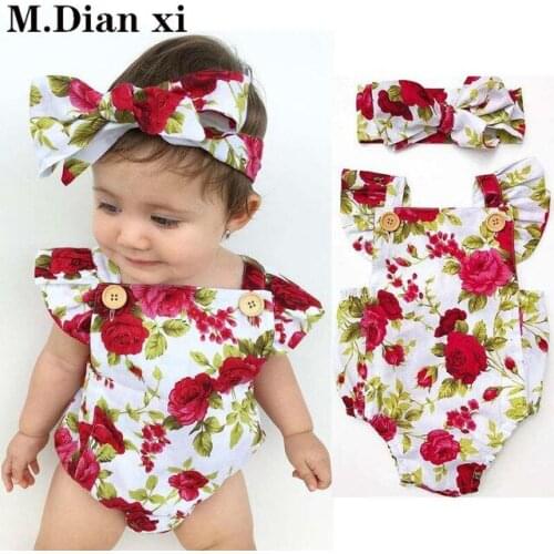2019 Brand Floral Newborn Baby Girl Clothes Ruffles Sleeve Bodysuit Headband Outfit Bebek Giyim Lovely Summer New Sunsuit 0-24M