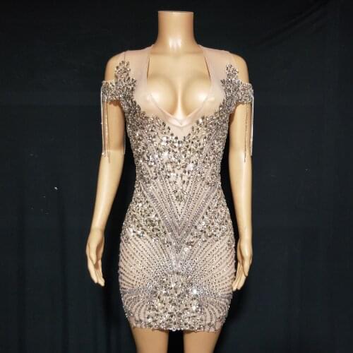 Shining Crystals Big Stones transparent Mesh Dress Fringes Sleeves Birthday Celebrate Costume See Through Costume Dancer Evening