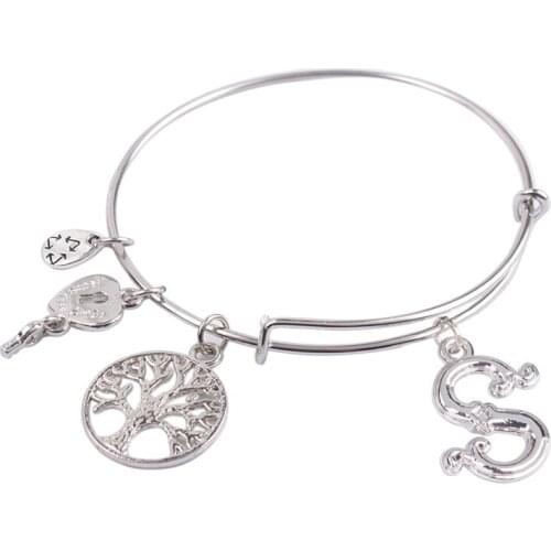 5PCS Silver Color Tone Initial S Letter Expandable Wire Bangle #91302