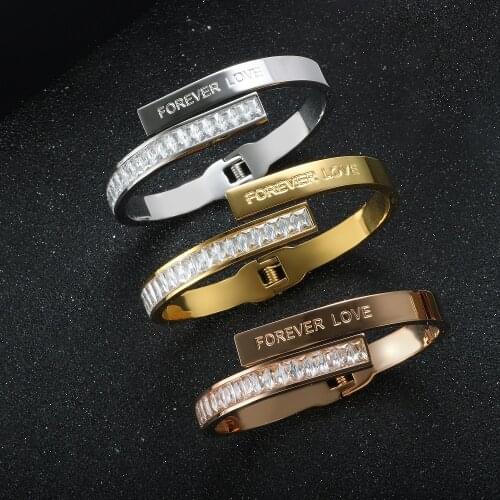 Luxury Square Rhinestone Lover Women Men Spring Clasp Bangles Fashion Crystal Stainless Steel Couple Wedding Bracelets Jewelry