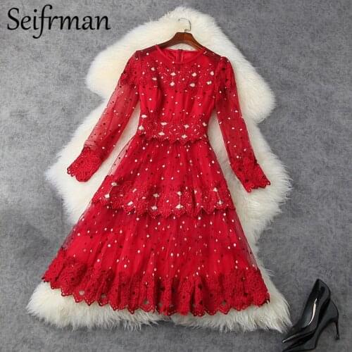 Seifrmann Spring Fashion Women Runway Party Midi Dress Lantern Sleeve Lace Embroidery Elegant Slim Ladies A-Line Dresses 2021