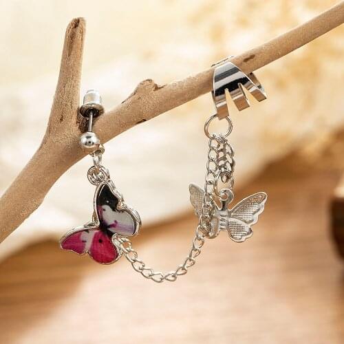Hanging Butterfly Clip Earrings Ear Hook Rock Hoop Punk Double Pierced Unusual Earring Women Girls Goth Jewelry