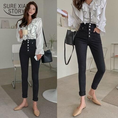 Womens Korean-Style New One-Breasted High-Waist Slim-Looking Skinny Pants Autumn New Black Tight Trousers Jeans Pantalon 11570