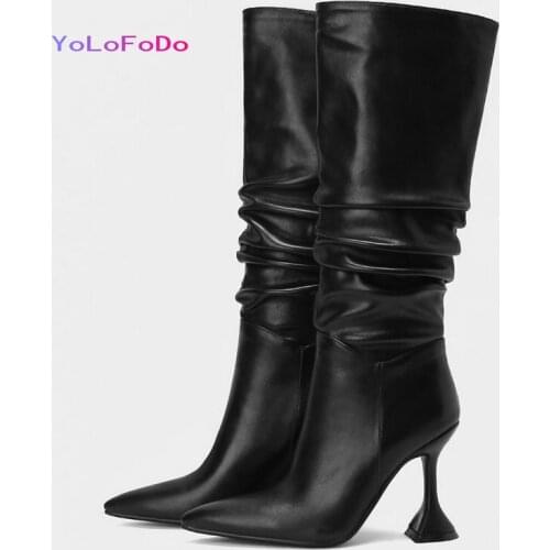2021 Autumn Winter Women Knee High Boots Faux Leather High Quality Ladies Thin High Heel Boots Fashion Pointed Toe Pleated Boots