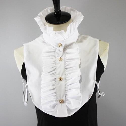 Women Steampunk Ruffles Fake Collar Detachable Buttons Stand-up Lapel Half Shirt Blouse Dress Decorative Accessory - White