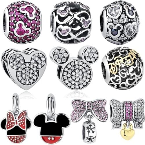 ELESHE 925 Sterling Silver Bead Charm Bow Minnie Heart Pendant Charms Fit Original Pandora Bracelet Necklace Women DIY Jewelry