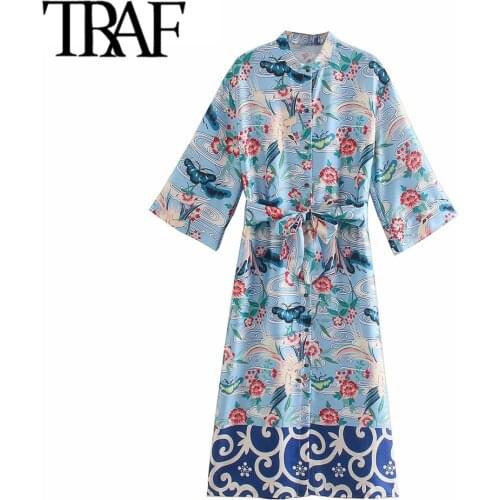 TRAF Women Fashion With Belt Floral Print Midi Shirt Dress Vintage Short Sleeve Side Slit Hem Female Dresses Vestidos