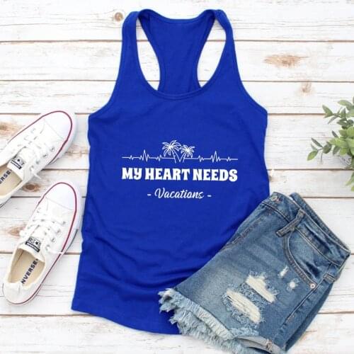 Vest My Heart Needs Vacations Tank Funny Palm Tree Heartbeat Graphic Tanks Cute Women Summer Sleeveless Beach Party Tops