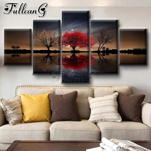 FULLCANG diy 5 Piece diamond painting red tree lake water moon landscape full square/round drill mosaic embroidery decor FC2245