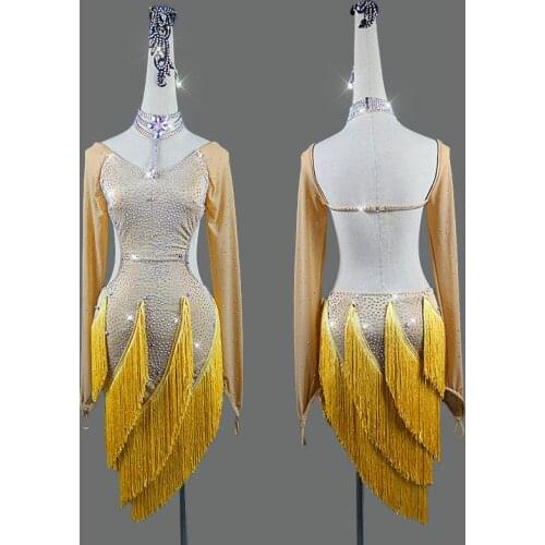 Shining Rhinestone Latin Dance Dress Women Golden Tassel Performance Costumes For Lady Stage Show Sexy Dress Fringe Skirt