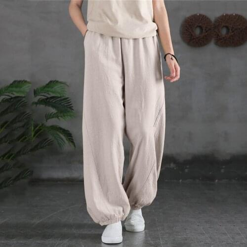 New Casual Womens Pants Cotton Linen Pocket Elastic Waist Loose Trousers Bloomers Pants Daily Simple Comfy Pants Dropshipping