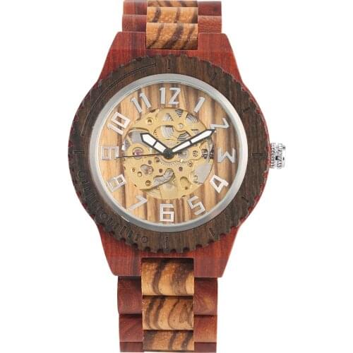 Mens Watch Black Ebony Wooden Mechanical Watch Automatic-self-winding Arabic Numbers Dial Wristwatches for Boys
