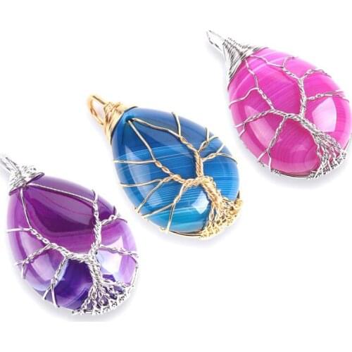E585 with the same paragraph copper winding water drops natural landscape striped agate crystal pendant necklace life tree