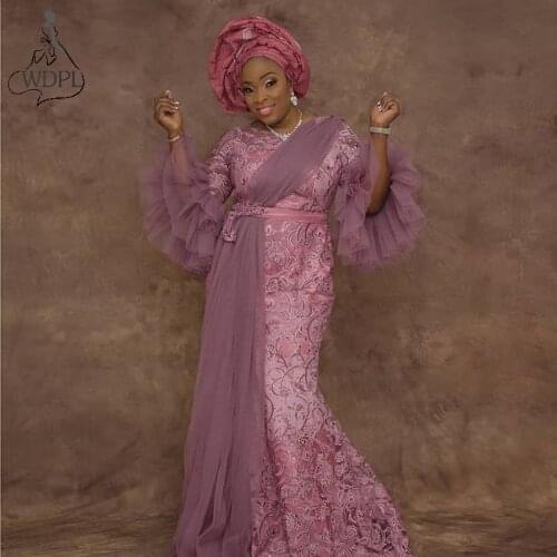 Elegant Lace Mermaid Prom Dresses for Black Girls Aso Ebi 3/4 Long Sleeve Evening Dress Nigerian Women Wear Wedding Party Gowns