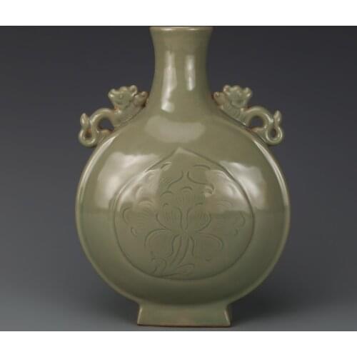 Antique SongDynasty porcelain vase,Yue Kiln carved flat bottle,hand painted crafts,Decoration,collection&Adornment