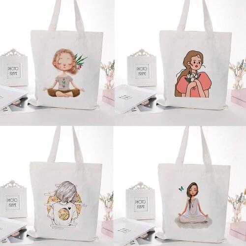 Kawaii Little Girl Print Shopping Canvas Tote Bag Harajuku Aesthetic Reusable Shopper Shoulder Bag Handbag Student Book Bags