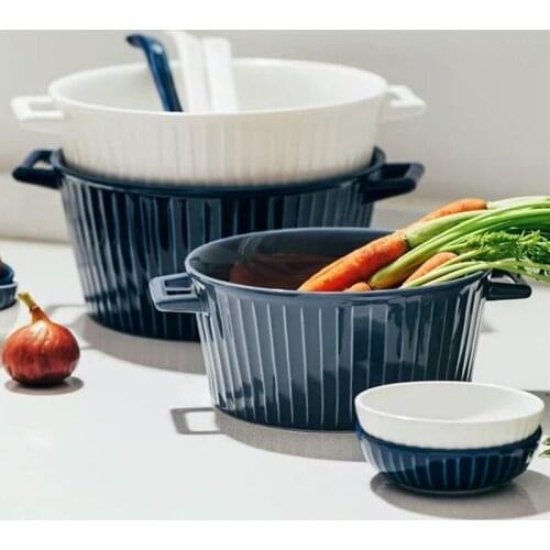 Nordic Ceramic Large Double Ear Soup Bowl Household Restaurant Noodle Dessert Bowl Creative Salad Breakfast Fruit Dish Tableware