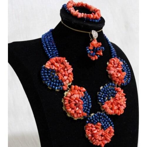 Dudo Jewelery Set For Women African Coral and Crystal Bead Necklace Set For Nigerian Weddings Orange and Blue 3 Pieces Christmas