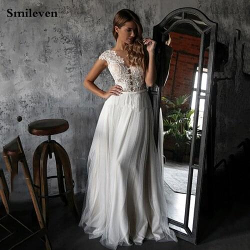 Smileven Simple Lace Wedding Dresses A Line Puff Tulle Bridal Dresses Sexy Vestido De Noiva Appliqued Lace Country Wedding Gowns