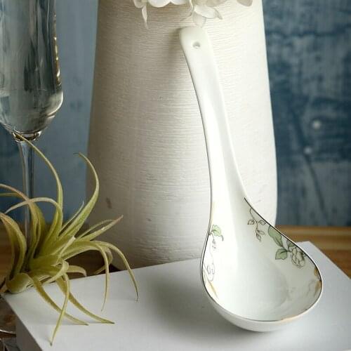 Green leaf painting natural bone china cooking soup ladle chinese ceramic soup spoon for kitchens serving tools for buffet spoon