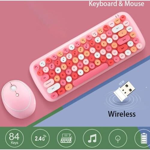Wireless Keyboard Mouse Mini 2.4G Round Punk Cute Candy Colors Blue Keyboard and Optical Mouse Set For Computer Home Office Use