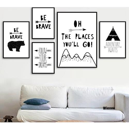 Cartoon Bear Arrow Brave Quotes Canvas Painting Nordic Wall Art Posters And Prints Black White Wall Picture Baby Kids Room Decor