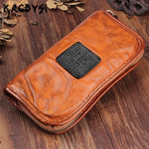 Handmade Genuine Leather Mens Wallets Bifold Purse Cowhide Retro Trend Purse Zipper Long Man Day Clutches Top Quality Clutch Bag