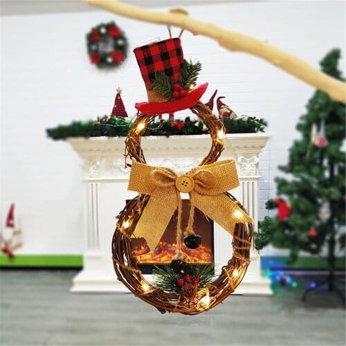 New Christmas Home Decoration LED Lights Christmas Wreath Rattan Circle Door Front Ornaments Wreath Holiday Party Wedding Decor
