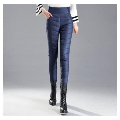 Obrix Winter Female High Waist Duck Down Solid Color Casual Style Warm Pencil Pants