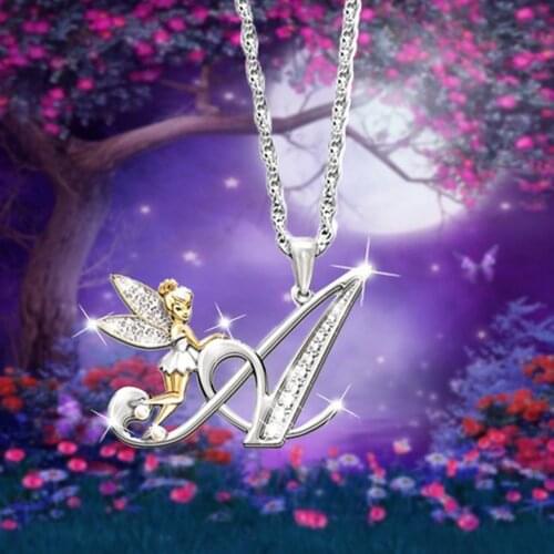 Lovely Crystal 26 Letters Flower Fairy Necklaces for Women Girls Sparkling Fay Wing Pendant Necklace Jewelry Party Wedding Gift