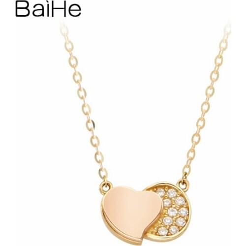 BAIHE Solid 18K Yellow Rose Gold 0.08ct Round Natural Diamond Women Wedding Fine Jewelry Exquisite diamond Necklaces