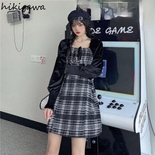 Hikigawa Dresses for Women Clothes Plaid Japan Vintage Femme Robe 2021 Korean Fashion Mini Dress Long Sleeve A Line Vestidos