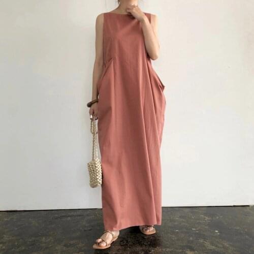 Women O Neck Sleeveless Pocket Dress Cotton Linen Solid Dress Office Lady Loose Waist Dress Ankle-length Dress Plus Size 5XL