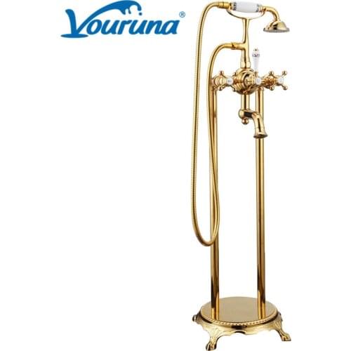VOURUNA Luxury Golden Victoria Style Floor Mounted Bathtub Faucet Free Standing Tub Filler Mixer Tap Chrome