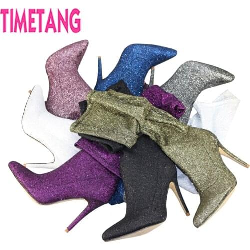 TIMETANG Hottest Women Long Boots Bling Sexy Pointed Toe Thigh High Heels Over-the-Knee for Girls Ladies Shoes Big Size US 4-13