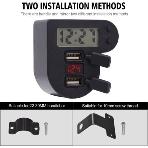Waterproof 12V 24V Motorcycle Dual USB Charger With Time Clock LED Voltmeter ON OFF Switch Power Adapter for Mobile Phone GPS