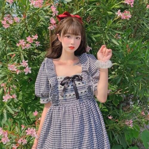 Japanese Sweet Vintage Loose Ruffled Plaid Long Puffed Sleeves Short Sleeve Dress medieval renaissance victorian lolita dress