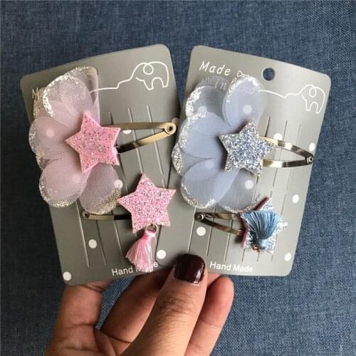 10sets/lot Candy Pink Glitter Star Snap Hair Clip with Flower and Tassels Sparkly Silver Floral Hairpin Macrame Barrette
