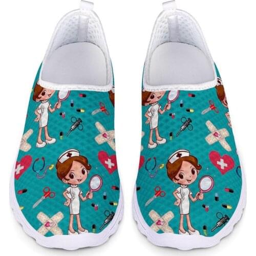 WHEREISART New Cartoon Nurse Doctor Print Women Sneakers Slip On Light Mesh Shoes Summer Breath Flat Shoes Zapatos planos Mujer